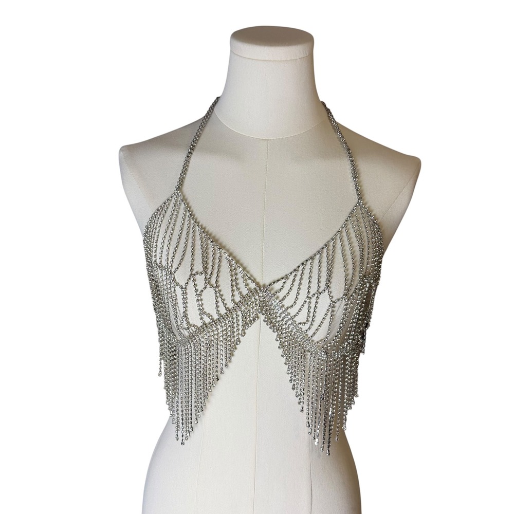 Rhinestone Fringe Halter Body Chain Silver Festival Rave Party Glam Y2K McBling